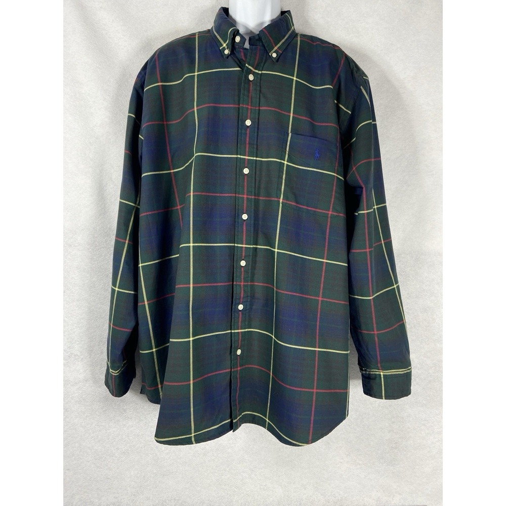 Polo Ralph Lauren Oxford Shirt Mens 2XB Blue Green Button Down Plaid Preppy